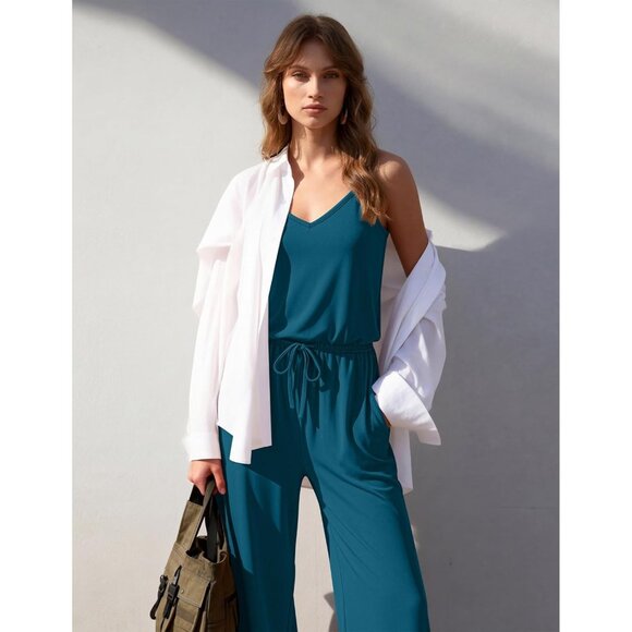 Women's Dark Blue Summer Dressy Sleeveless Wide Leg Long Pant Romper Jumpsuit - Picture 2 of 6